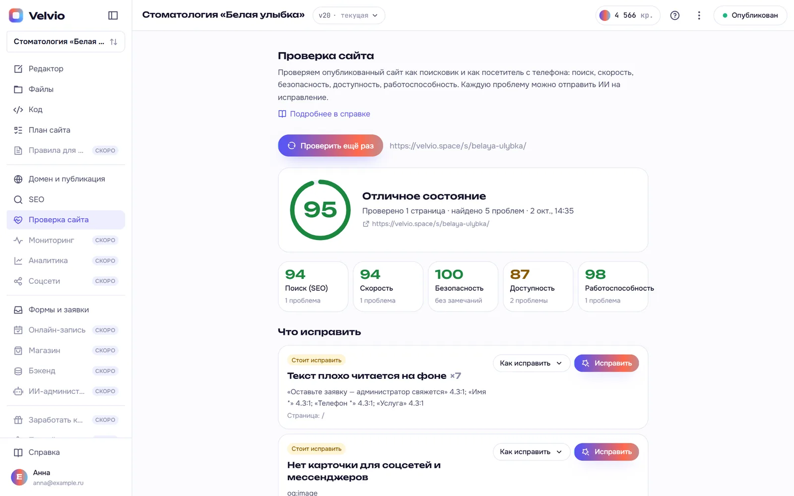 Раздел «Проверка сайта»: оценка, категории и список проблем